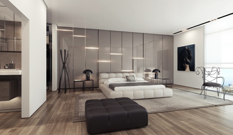 decoración de interiores pared gris iluminacion LED cama cuero blanco ideas