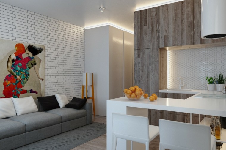 decorar espacios pequenos ladrillo blanco cuadro ideas