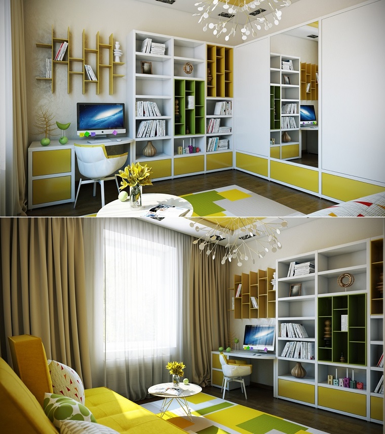 habitaciones niña amarillo estanterias mesita ideas