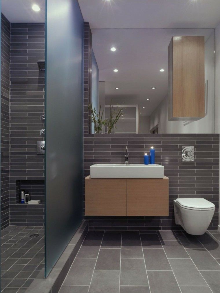 diseño de baños lavabo madera losas grises ideas