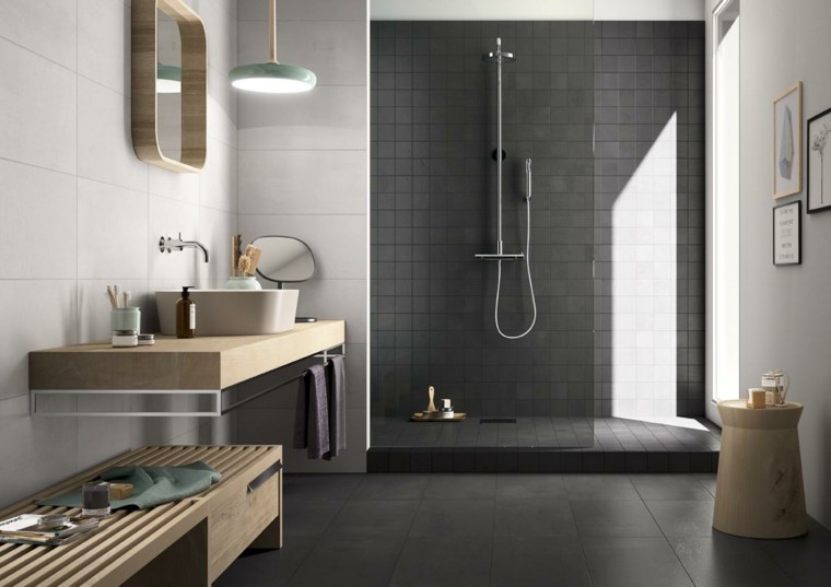 diseño de baños losa gris oscuro lavabo banco madera ideas