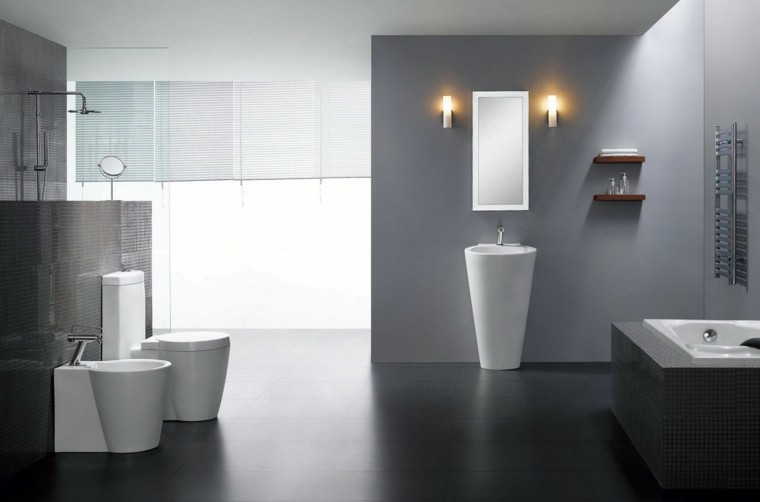 diseño de baños pared gris lavabo blanco amplio ideas