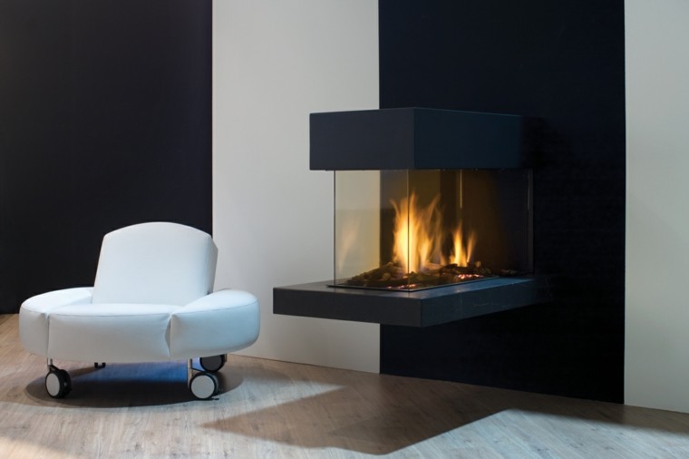 diseño chimeneas modernas sofa blanco fuego