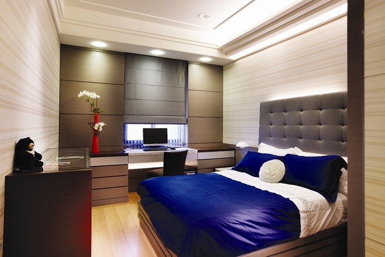 dormitorio estilo minimalista moderno ropa cama azul ideas