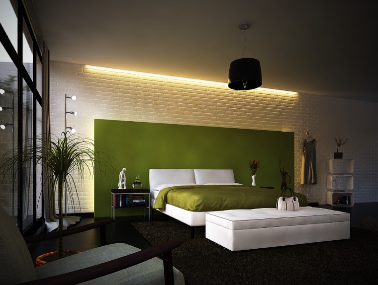 dormitorio ladrillo blanco pared verde taburete blanco ideas