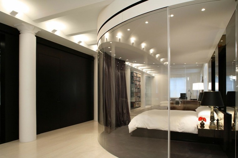 dormitorio pared cristal loft diseno moderno ideas