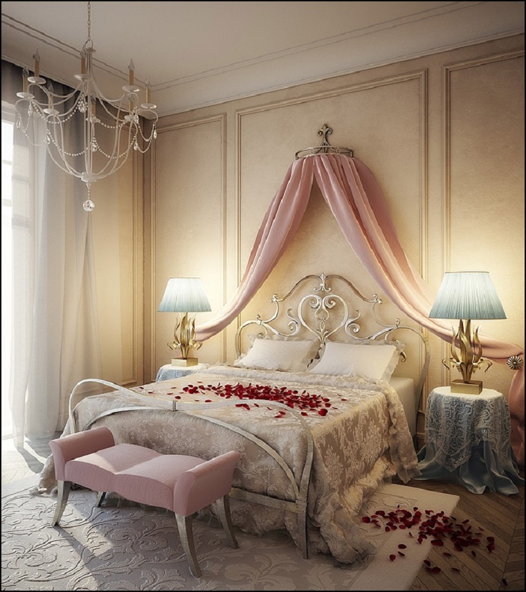 dormitorio romantico dosel rosa taburete ideas