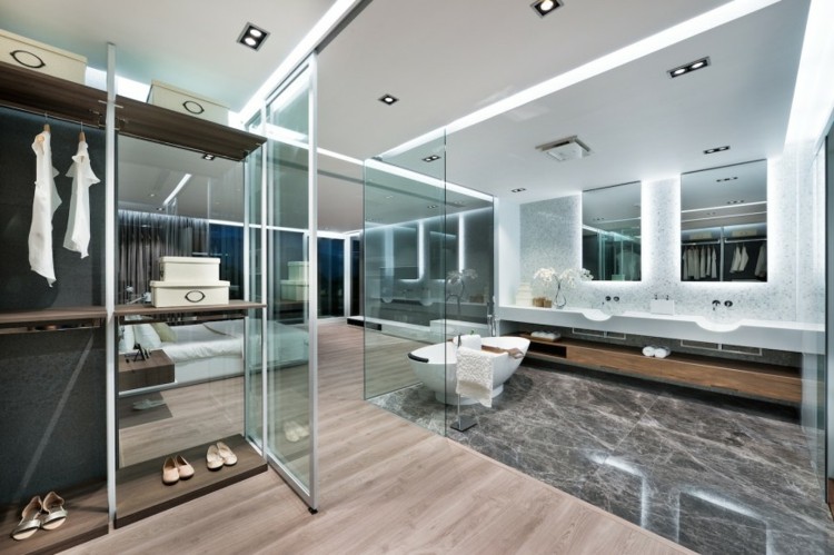 dormitorio vestidor baño transparente moderno