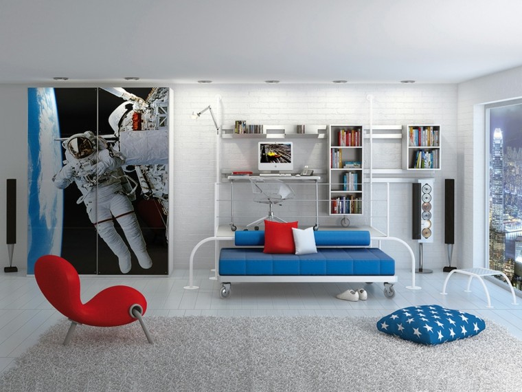 habitacion niño butaca rojo vibrante cama azul ideas