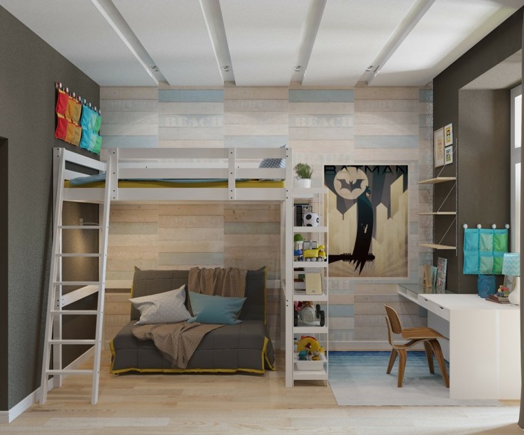 habitaciones niño pared madera escritotio blanco ideas