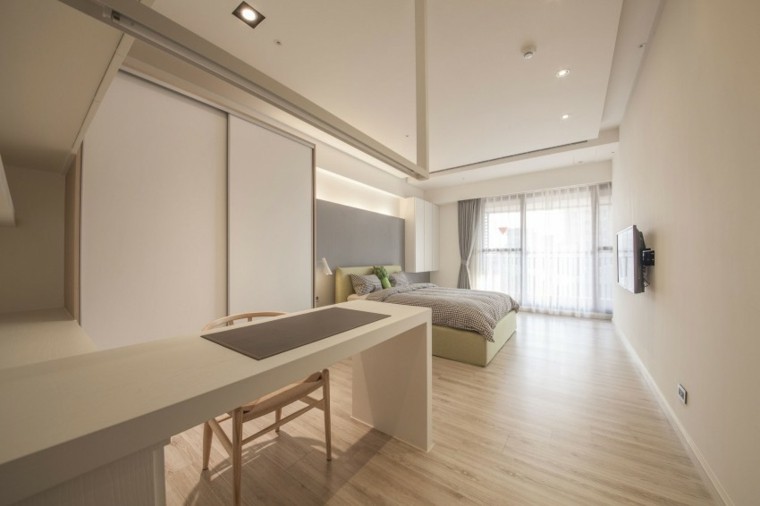 interiores minimalistas dormitorio barra cama verde claro ideas