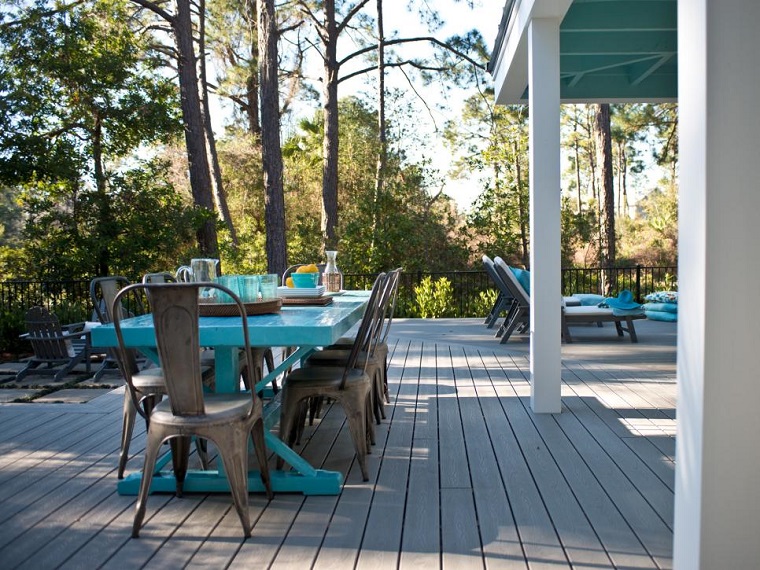 jardin suelo madera mesa comidas azul moderno ideas