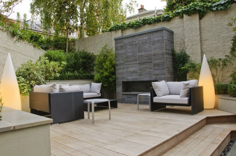 lugar fuego terraza plantas suelo madera ideas