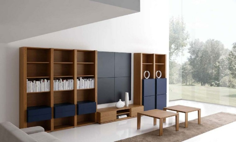 mueble madera estantes puertas azules 