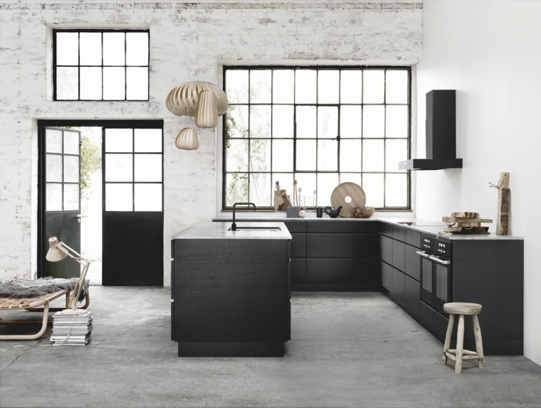 muebles cocina negros pared industrial
