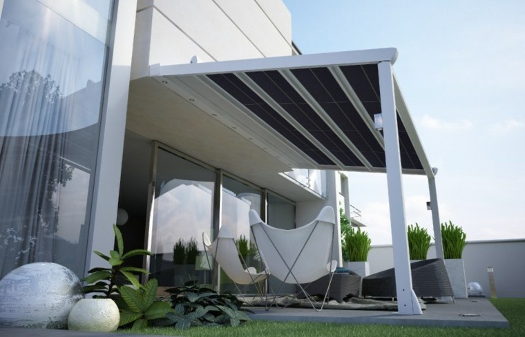 paneles solares pergola jardin muebles blancos ideas