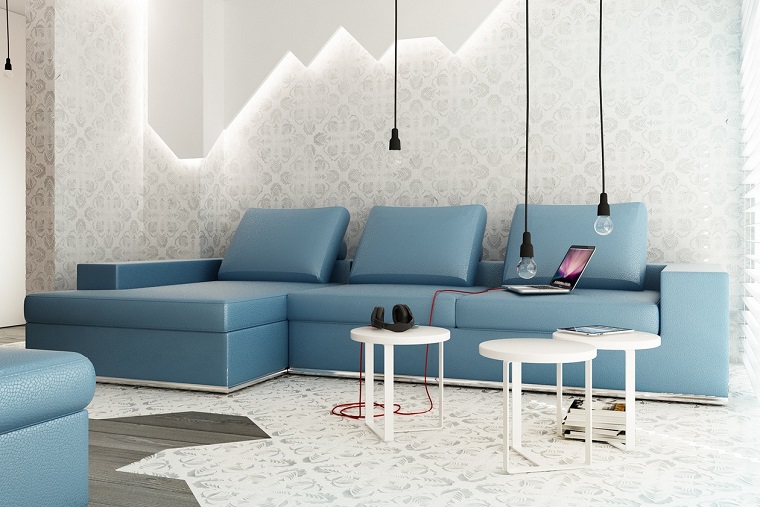papel pared lujoso salon sofa azul moderna ideas