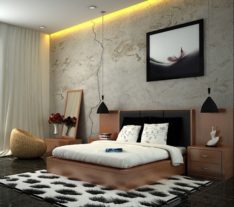 pared hormigon cama madera alfombra dormitorio ideas