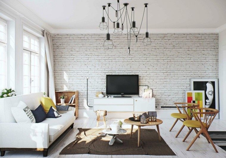 pared ladrillo blanco salon sofa moderno ideas