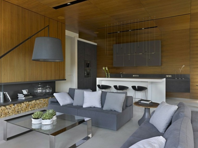 pared madera sofas grises salon moderno ideas