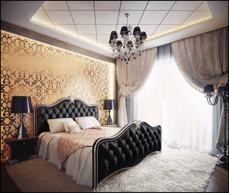 pared oro cama negra dormitorio romantico ideas