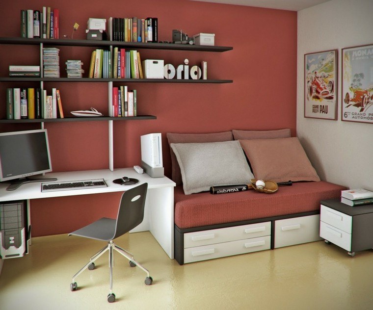 pared rojo oscuro dormitorio adolescente escritorio ideas