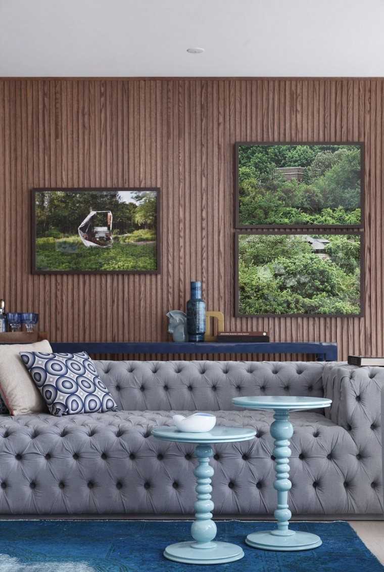 pared salon moderno decorada madera cuadros naturaleza ideas