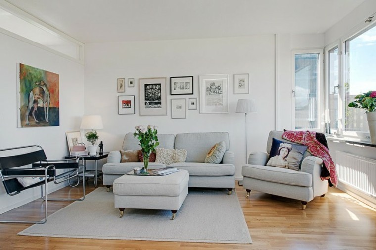 salon estilo escandinavo paredes blancas muebles color gris ideas