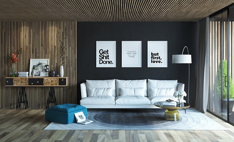 salon moderno diseno pared negra taburetes azul ideas