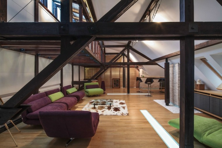 salon moderno diseno sofa verde purpura ideas