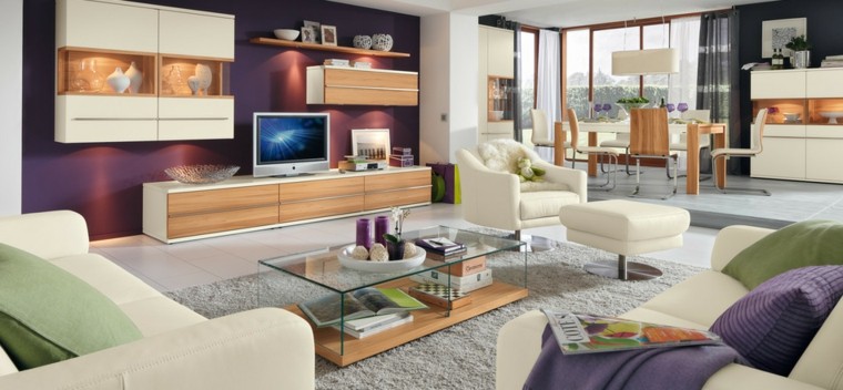 salon moderno muebles madera pared purpura ideas