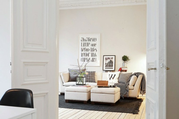 salon moderno pared blanca alfombra negra ideas