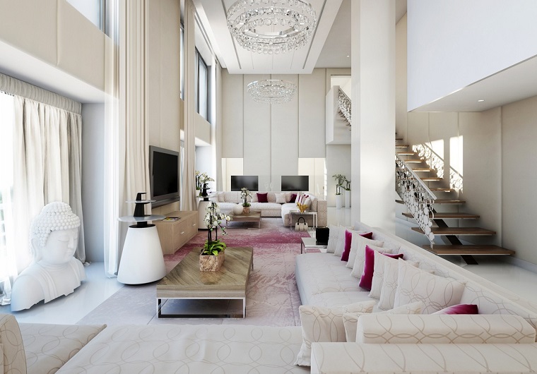 salon moderno pared blanca cojines purpura ideas