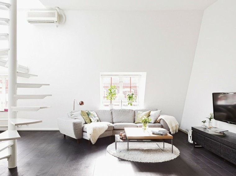 salon moderno pared blanca escalera caracol ideas