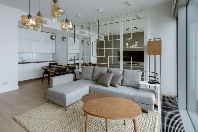 salon moderno pared blanca sofa gris ideas