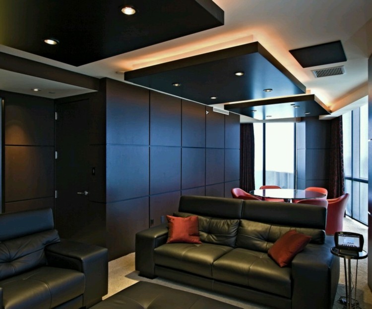 salon moderno sofas negros luces