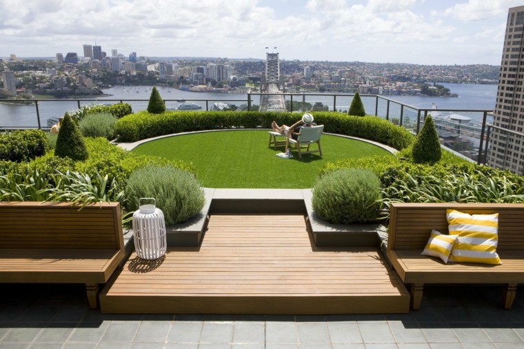 terraza cesped bancos madera plantas sillon ideas