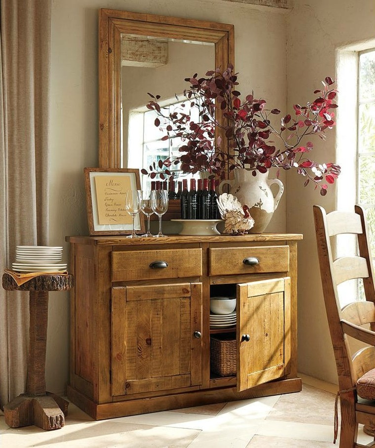 armario de madera y ramas de hojas secas decorativas armario madera espejo grande hojas secas arbol decorativas ideas