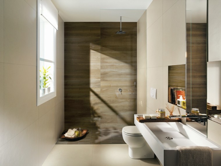 bano moderno ducha pared imita losas ideas