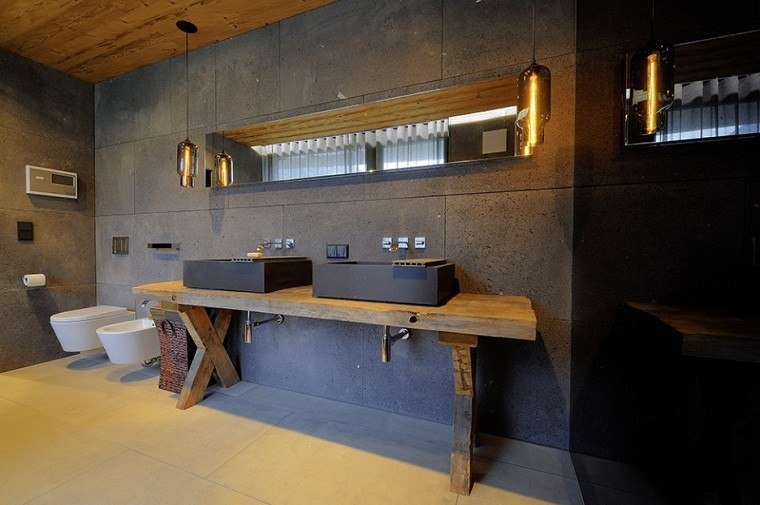 baños rusticos diseño acero oscuro madera