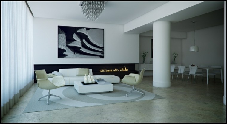 blanco y negro combinacion salon moderno chimenea pared ideas