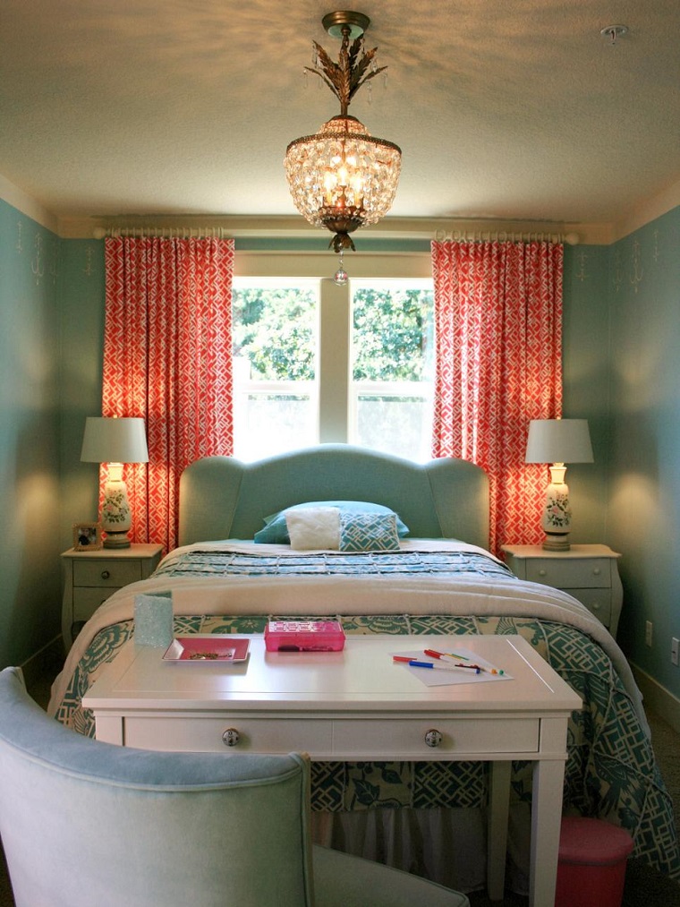 cabecero cama dormitorio moderno cortinas color rosa ideas