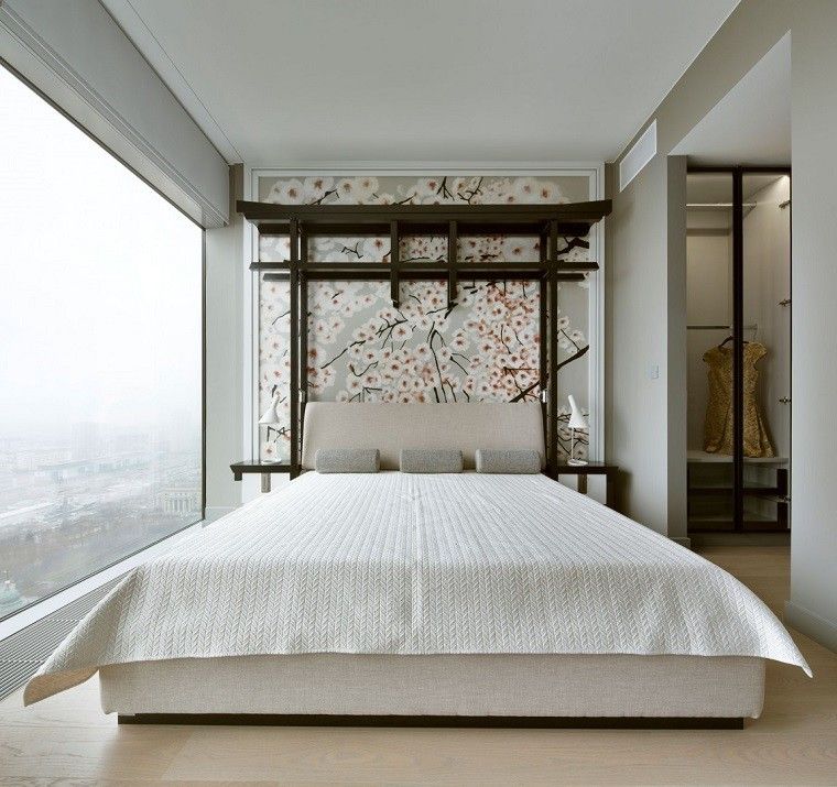 cabecero cama dormitorio moderno pared flores ideas