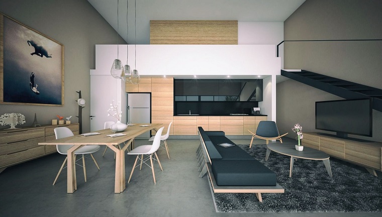 cocina abierta salon moderno muebles madera natural ideas