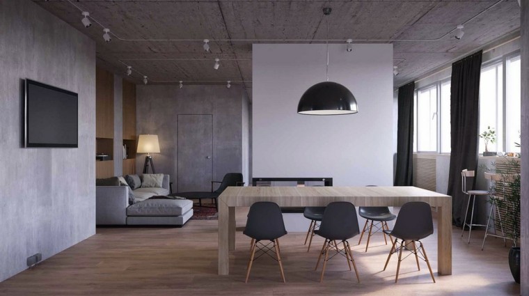comedor moderno paredes gris muebles lampara negra ideas
