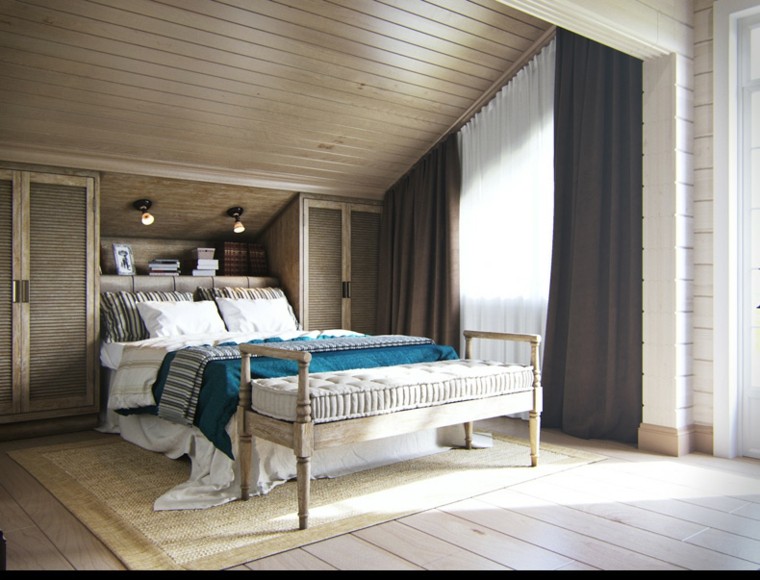 diseno estilo rustico dormitorio toques azul ropa cama ideas