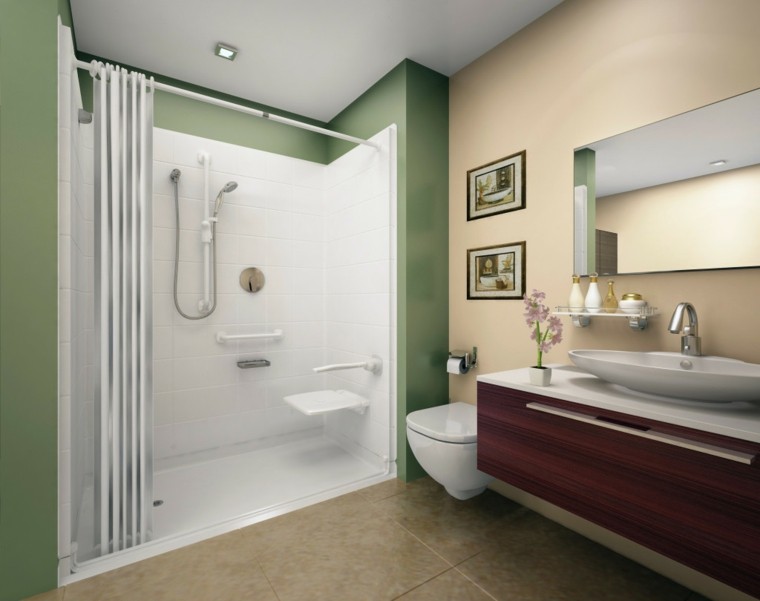 diseño baños modernos con ducha pared verde