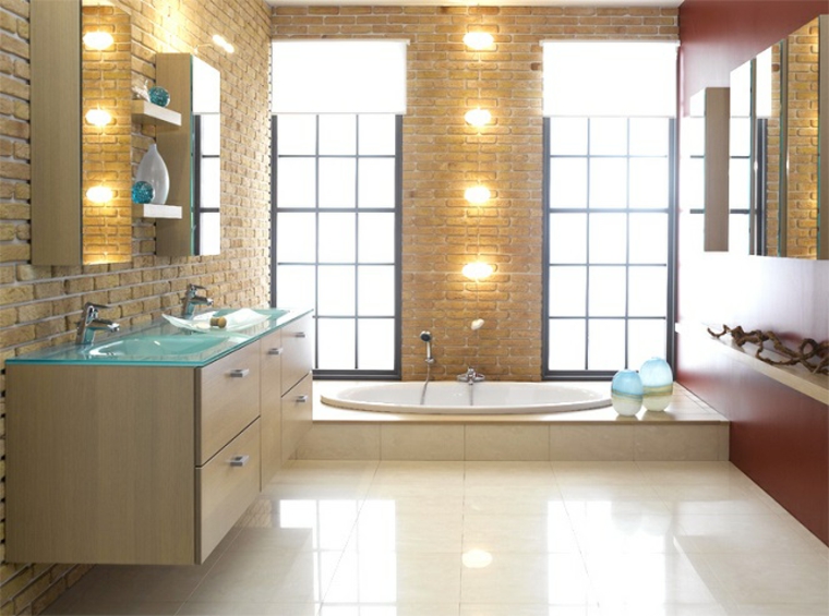 diseño baños modernos ladrillos calido calido