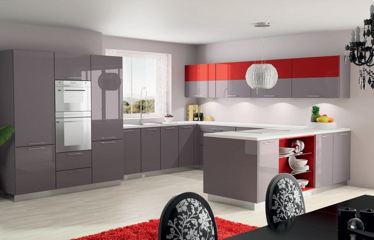 muebles de cocina lacados con acabado brillante diseño cocina color gris rojo