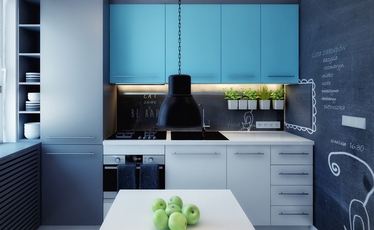 diseño de cocina con pared de pizarra diseño cocina azul pared pizarra